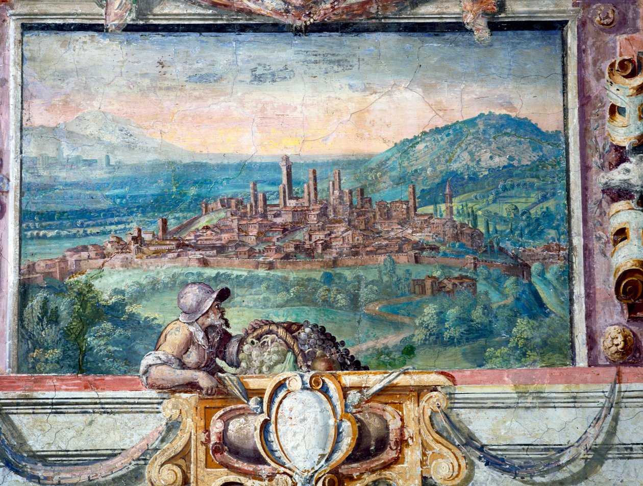 Sovrum, detalj av frisen som visar städer under Medici-styret, San Gimignano, fresk 1564-75 av Bartolomeo Ammannati