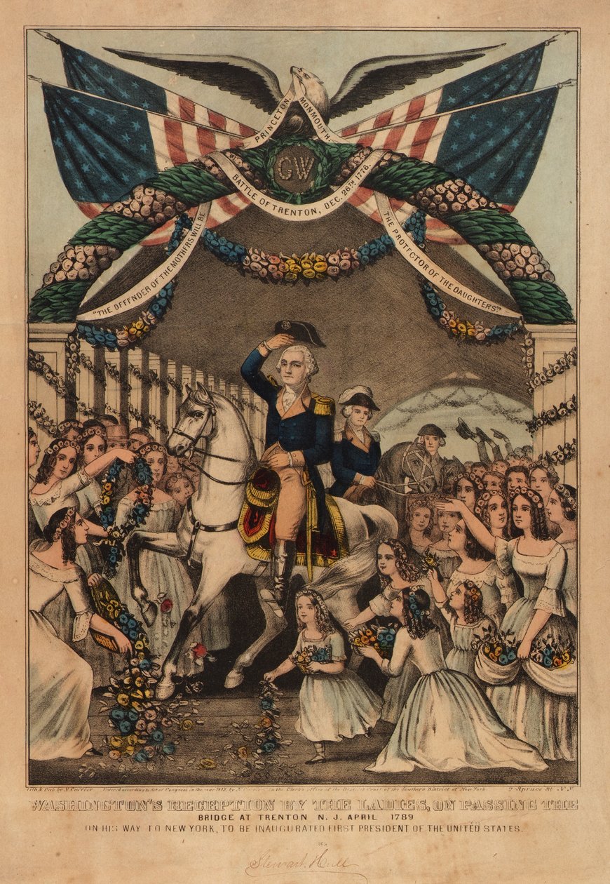 Washingtons mottagande av damerna av Nathaniel Currier