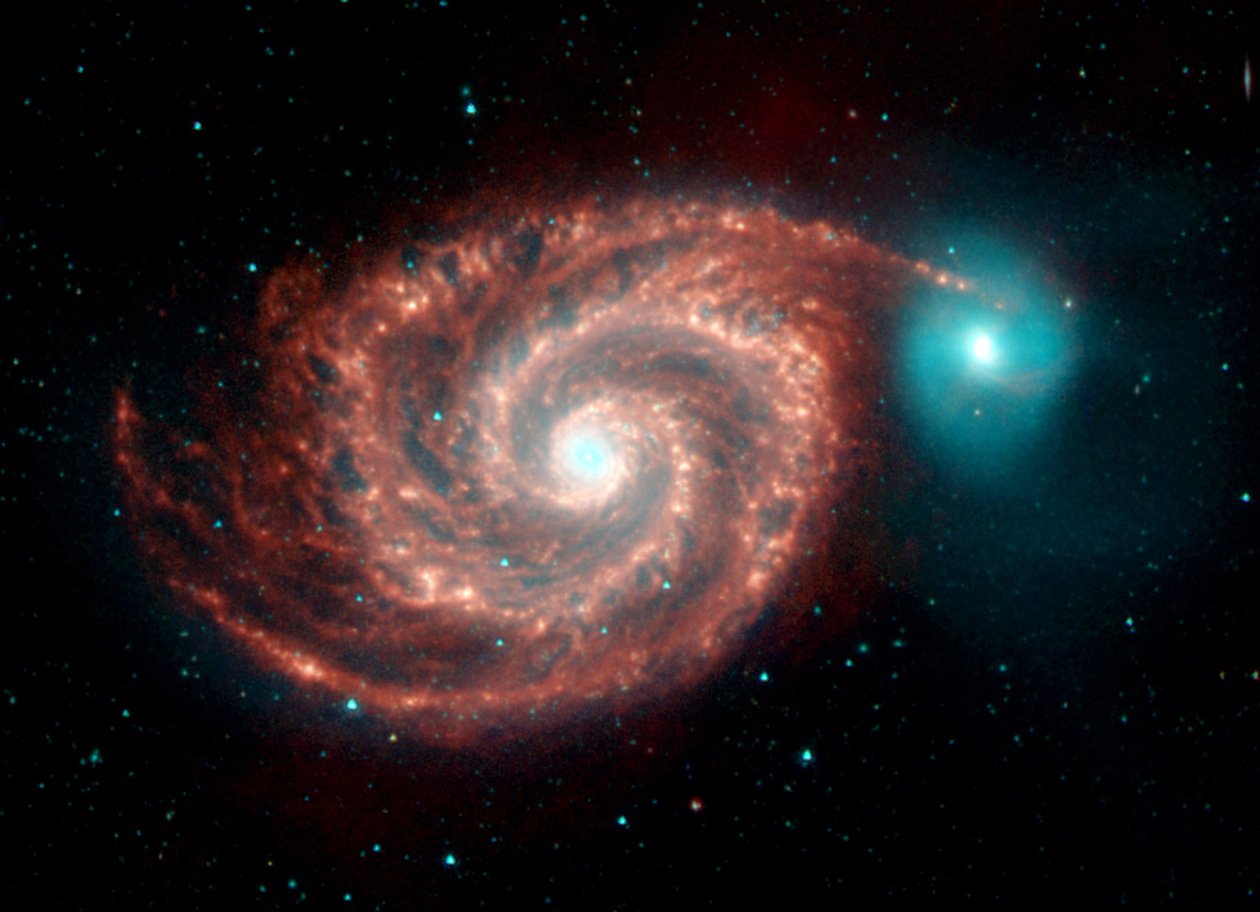 Spitzer Space Telescope infraröd bild av Whirlpool Galaxy. Konstiga strukturer överbryggar klyftor mellan dammrika spiralarmar och visar stoft-, gas- och stjärnpopulationerna i den ljusa spiralgalaxen. Cr av National Aeronautics and Space Administration National Aeronautics and Space Administration