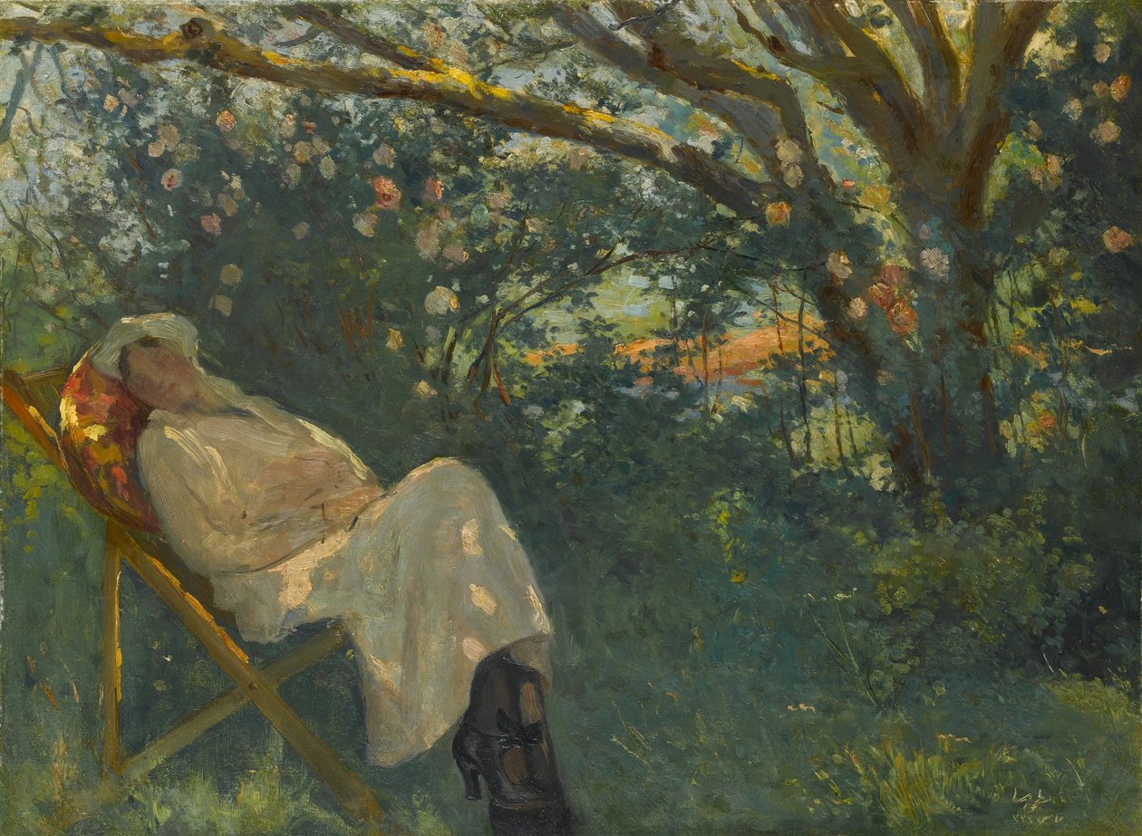 ezlongda Pembeli Kadn , Lady in Pink on a Chaise Longue av Nazmi Ziya Güran