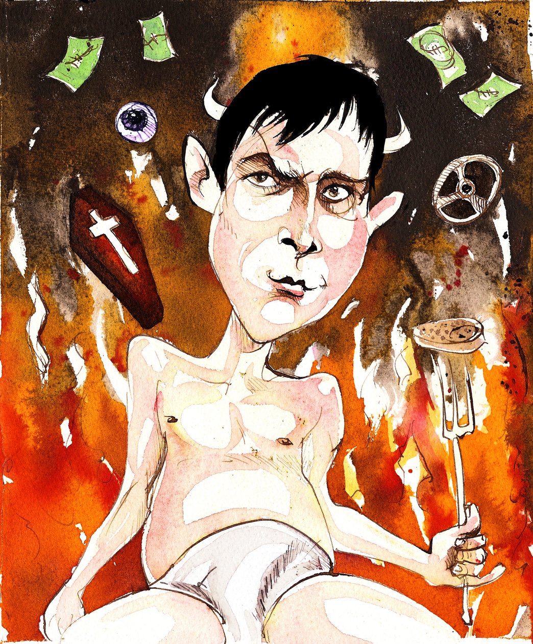 Joe Orton, engelsk författare och dramatiker; karikatyr med hänvisning till hans pjäser Entertaining Mr Sloane (1964) och Loot (1965). av Neale Osborne