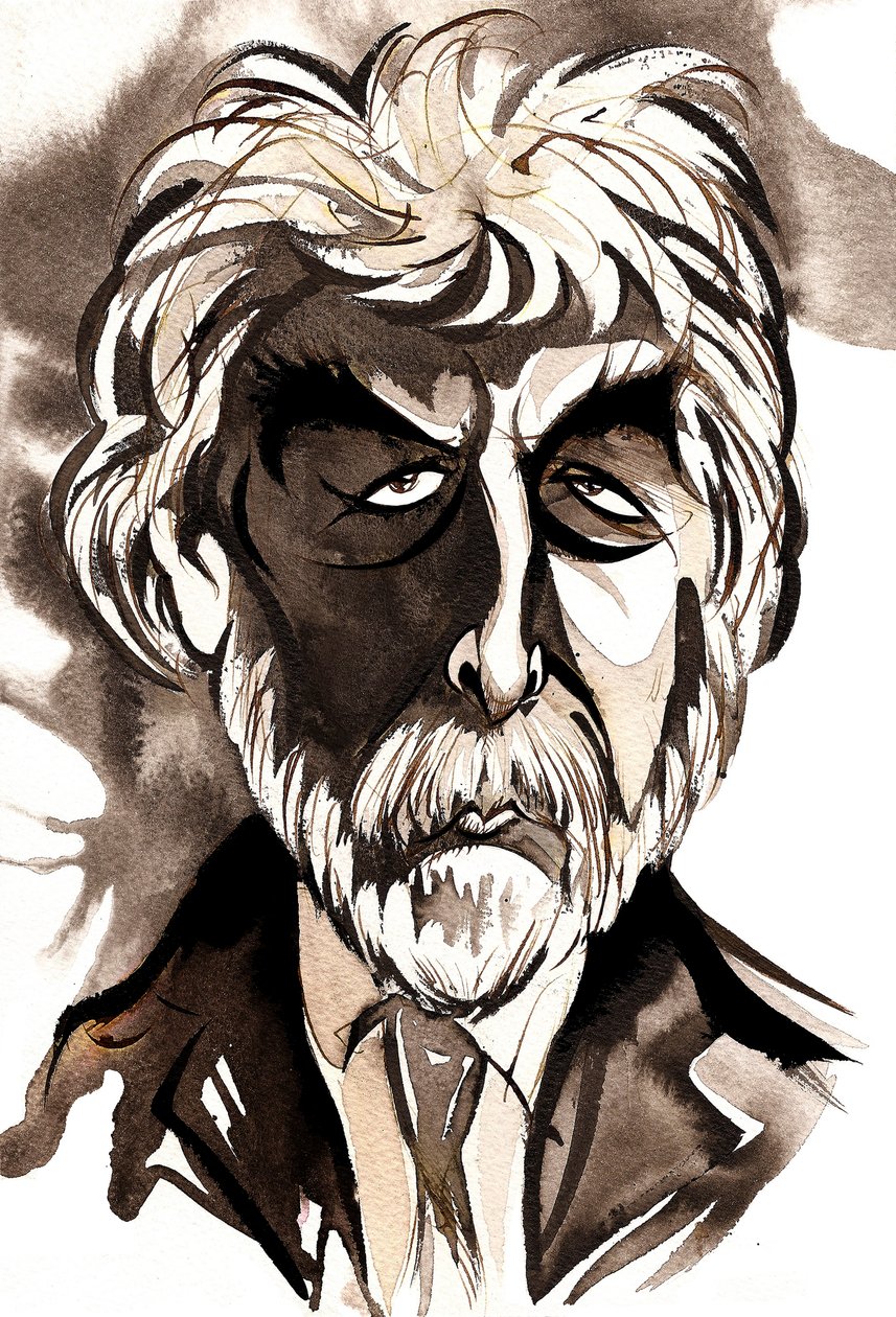 Sir Harrison Birtwistle - svart-vit karikatyr av Neale Osborne