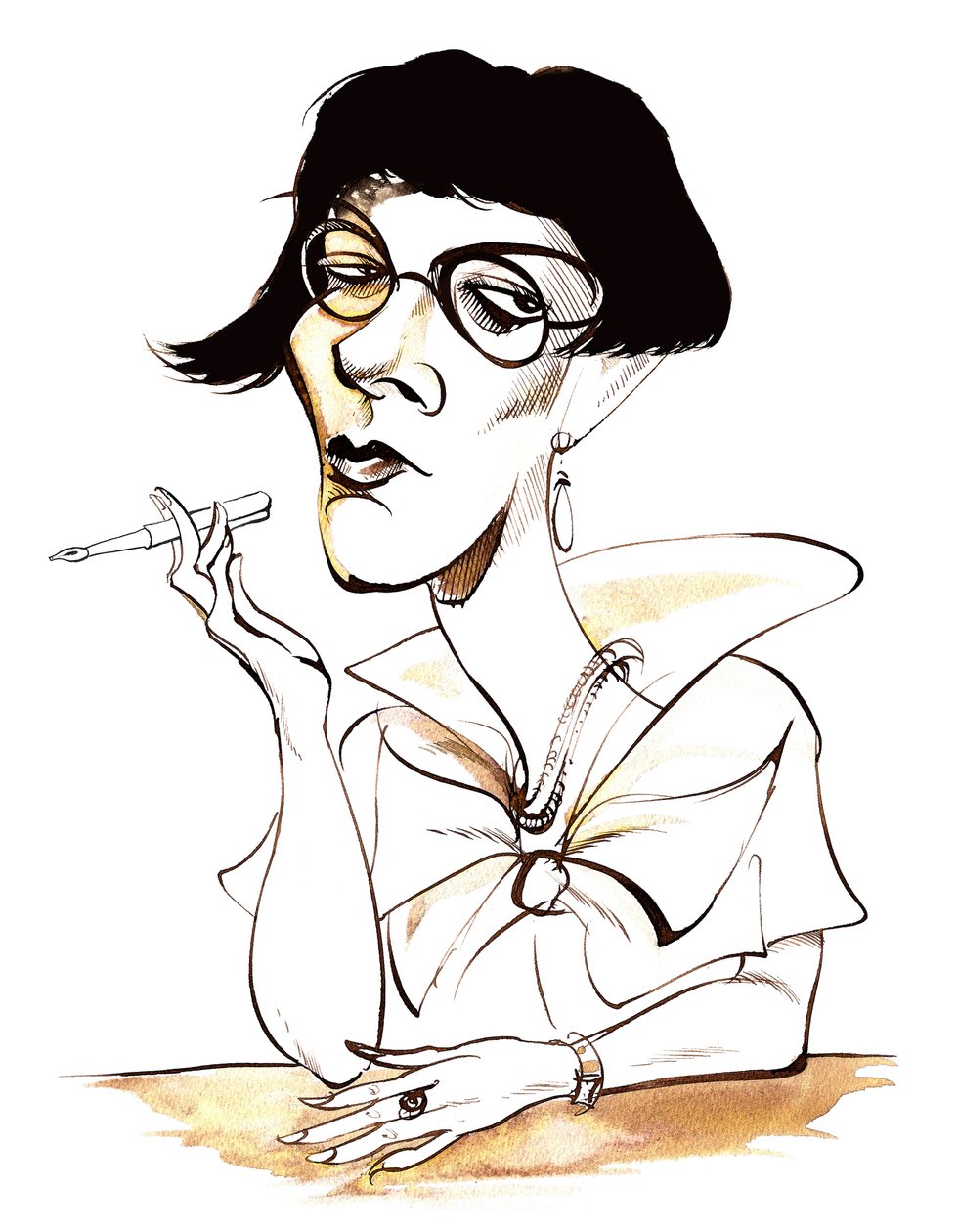 Sylvia Townsend Warner - karikatyr med penna i handen av Neale Osborne
