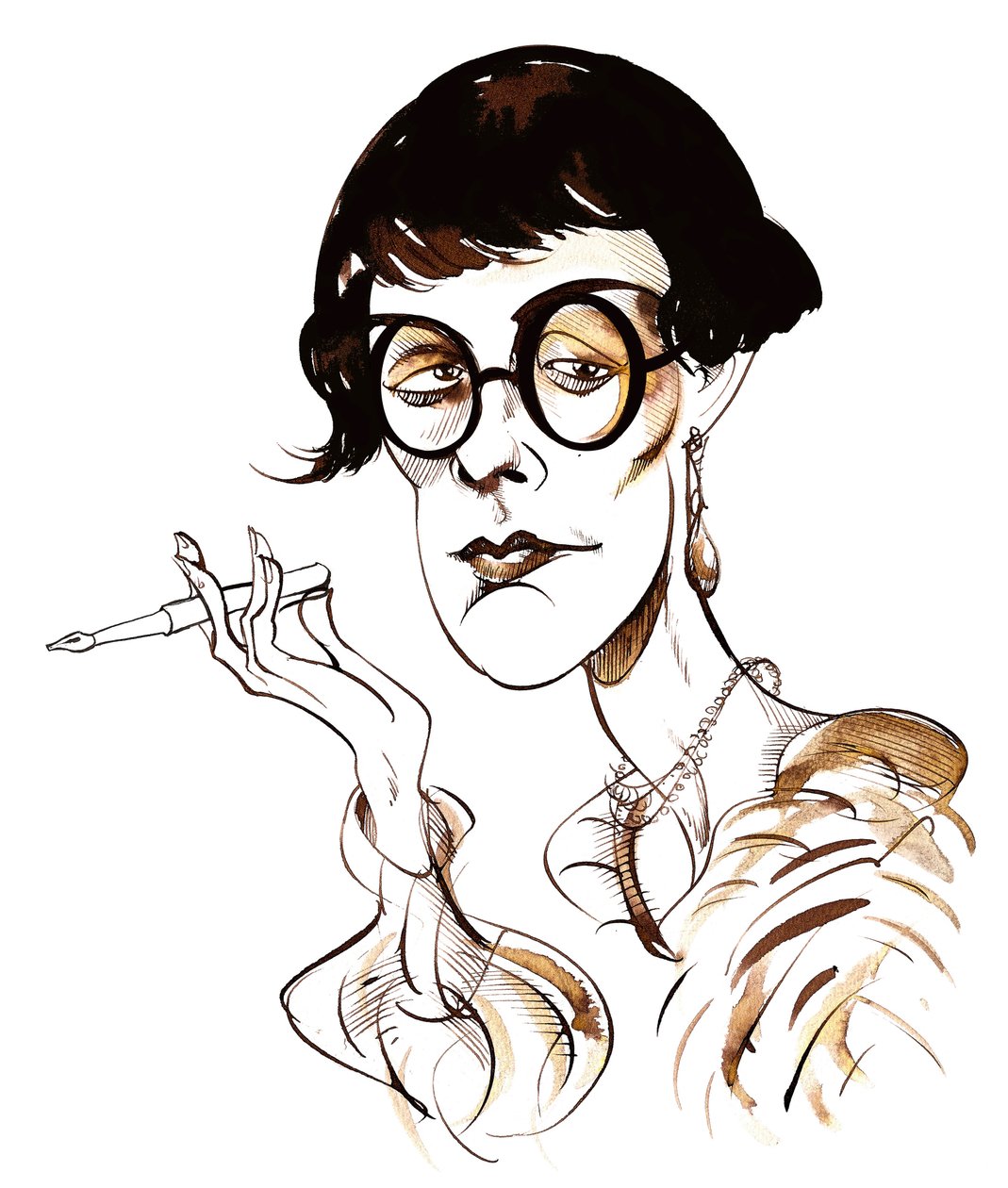 Sylvia Townsend Warner - karikatyr med penna i handen av Neale Osborne