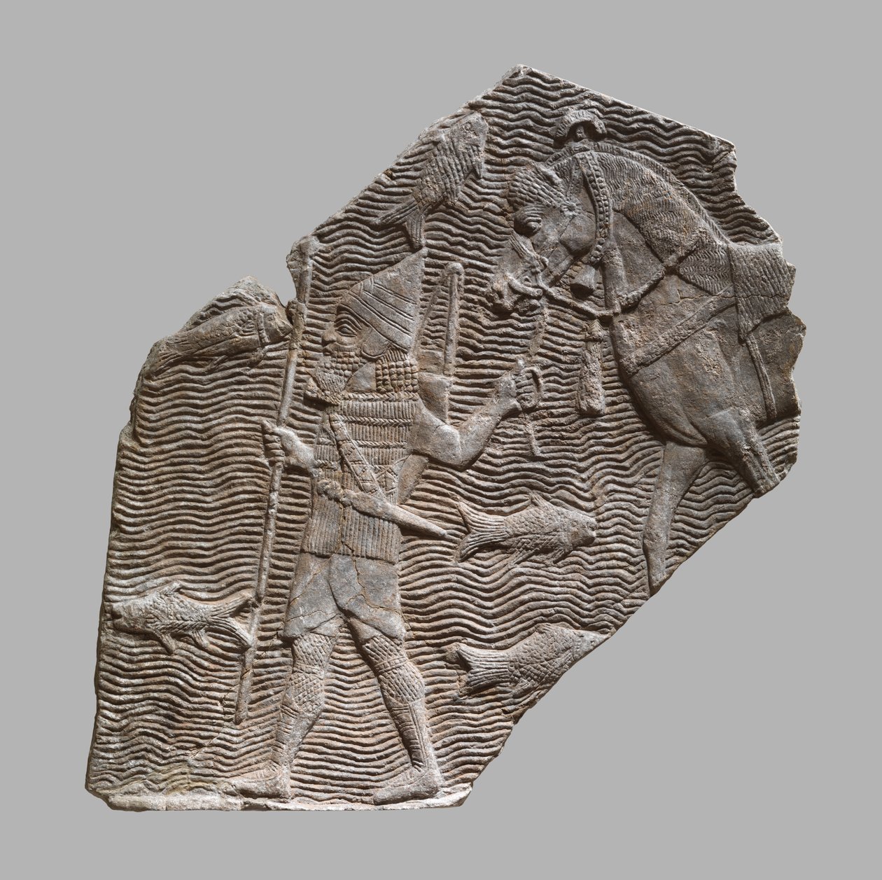 Relieffragment: kavallerist som leder sin häst vid en bäck, c.704–681 f.Kr. (gipsalabast) av Neo Assyrian