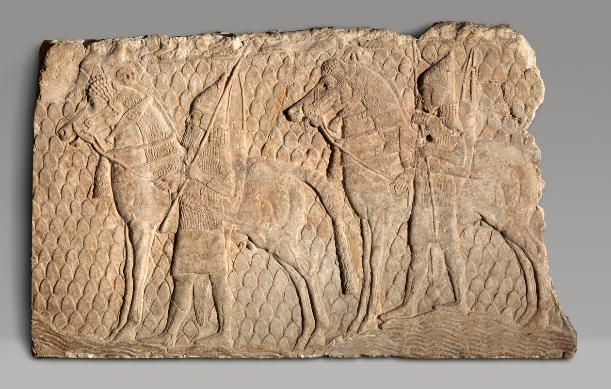 Relieffragment: kavallerimän längs en bäck i bergig terräng, ca 704–681 f.Kr. (gipsalabast) av Neo Assyrian