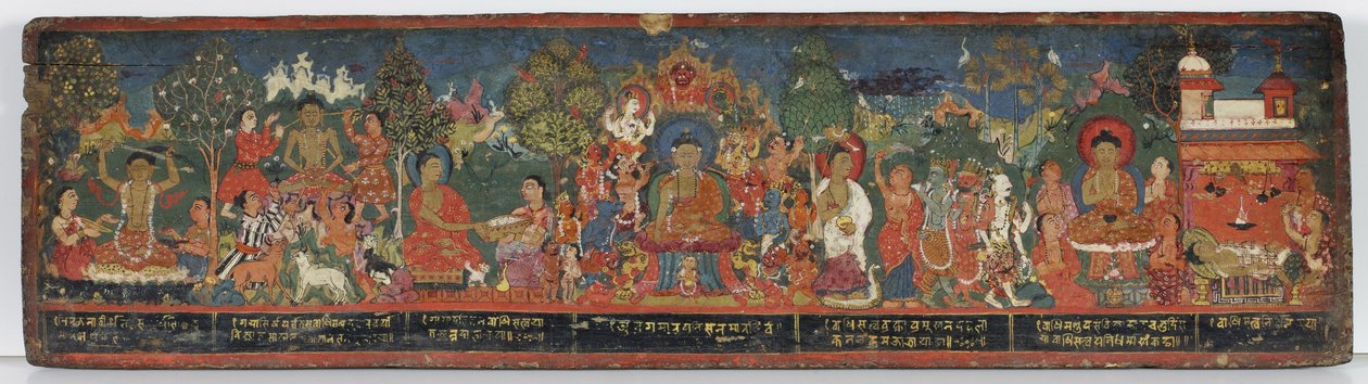Buddhistiskt manuskriptomslag (ogenomskinlig wc på trä) av Nepalese School