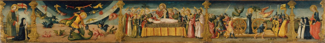 Saint Lawrence, Saint Michael and the Dragon, the Dormitio Virginis and the Martyrdom of Saint Catherine  av Neri di Bicci