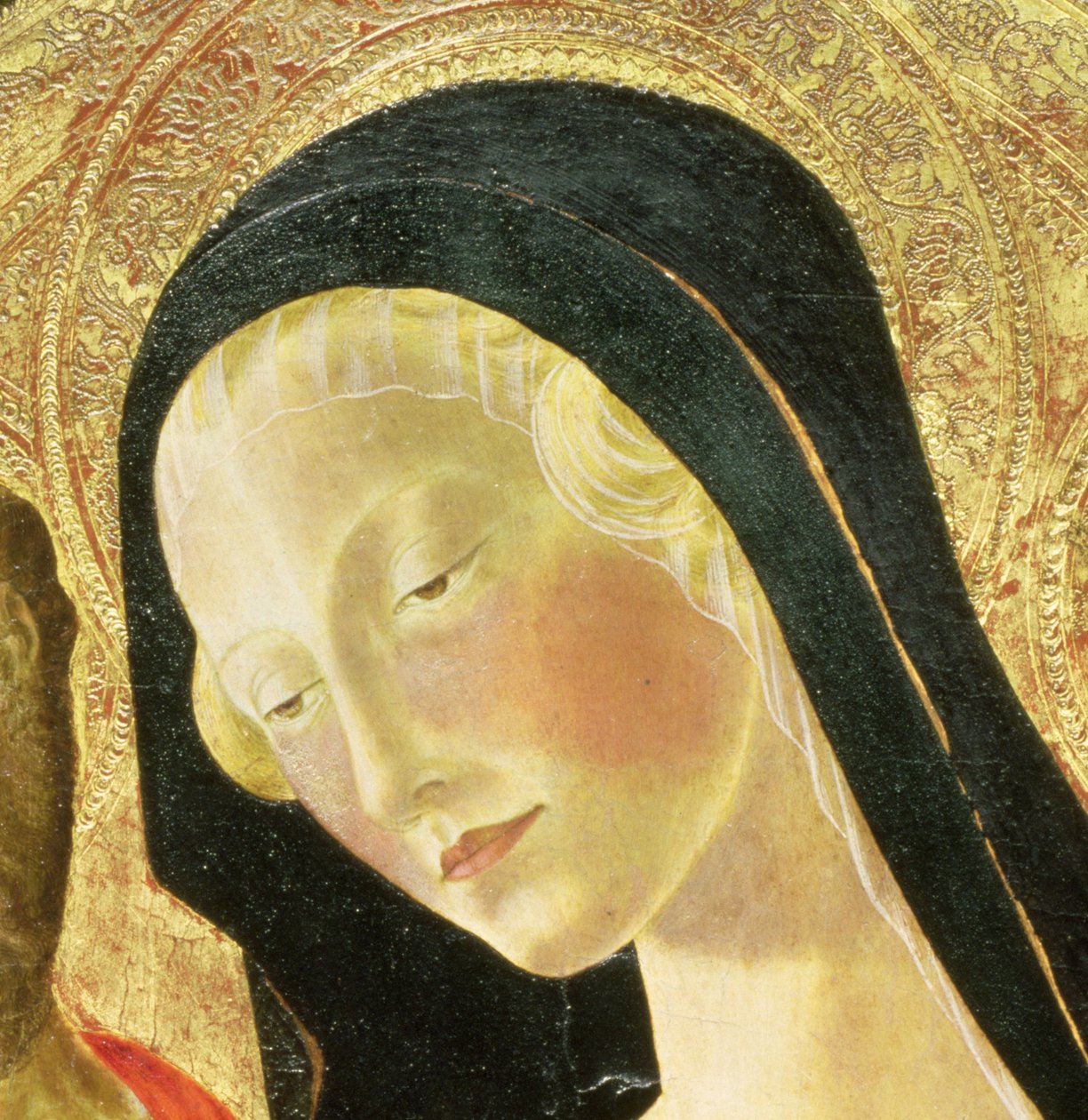 Madonnan och barnet (tempera på panel) (detalj av 9306) av Neroccio di Landi