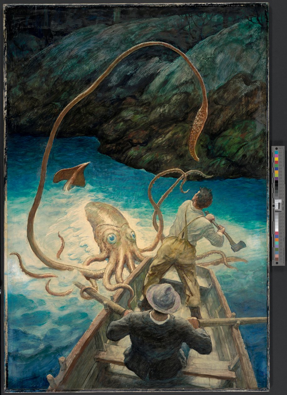 Den stora bläckfiskens äventyr, ca 1930-40 (olja) av Newell Convers Wyeth