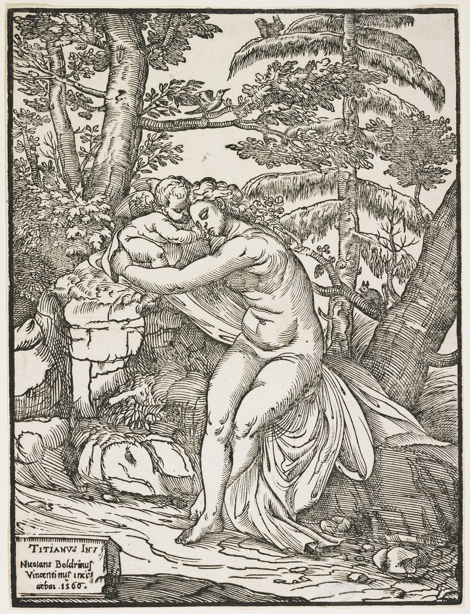 Venus och Amor, 1566 (chiaroscuro träsnitt, endast nyckelblock) av Nicolò Boldrini