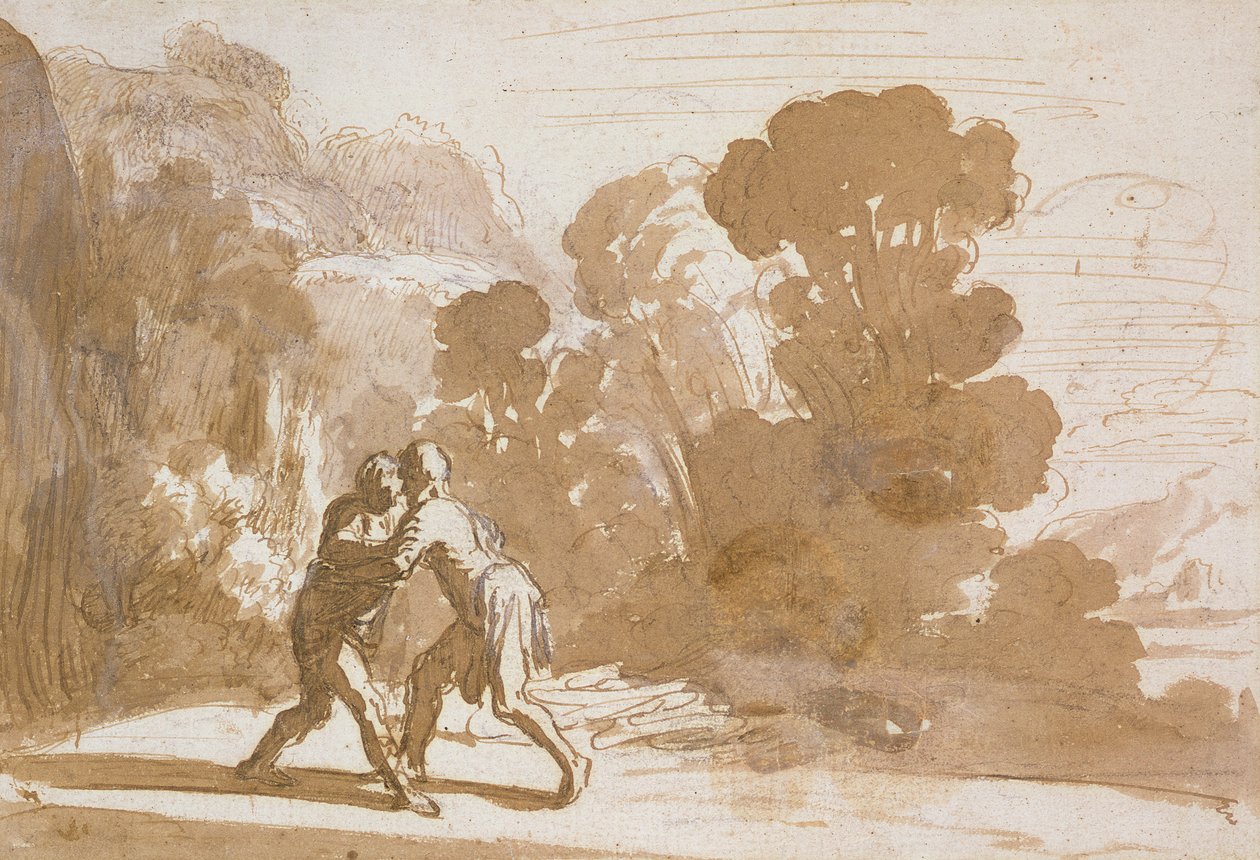No.3192 Jacob Wrestling with an Angel, c.1605-10 (penna och bläck med tvätt) av Nicolaes Cornelisz Moeyaert