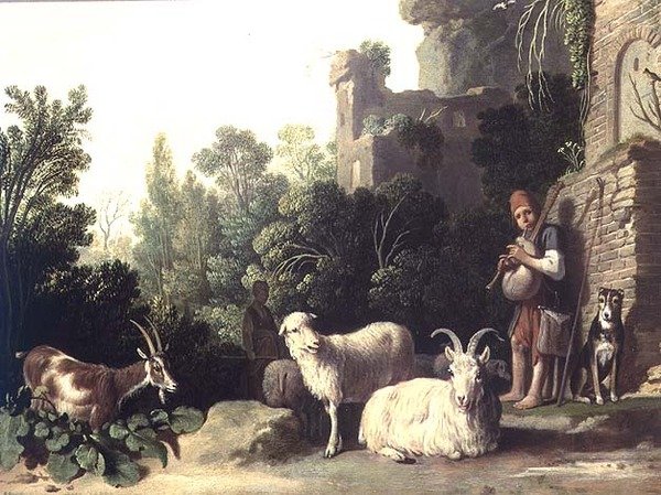 Getherde som spelar säckpipa (panel) av Nicolaes Cornelisz c.1592 1655 Moeyaert