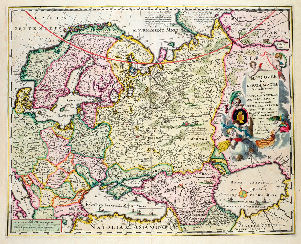 Karta över Mindre Asien som visar Norge, Sverige, Danmark, Lappland, Polen, Turkiet, Ryssland och Moskvaregionen, ca 1626 (handfärgad plåtgravyr) av Nicolaes Jansz Visscher