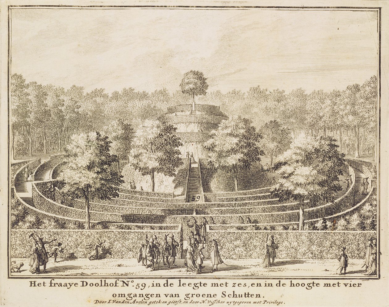 Topiary labyrint med fyra utgångar och en central hög, graverad av Johannes Van den Aveele (d.1727) av Nicolaes Jansz Visscher