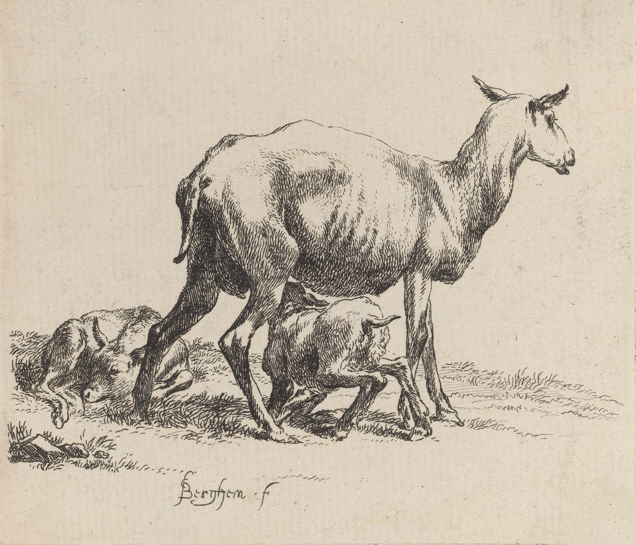 Tackan som ammar sitt lamm. av Nicolaes Berchem