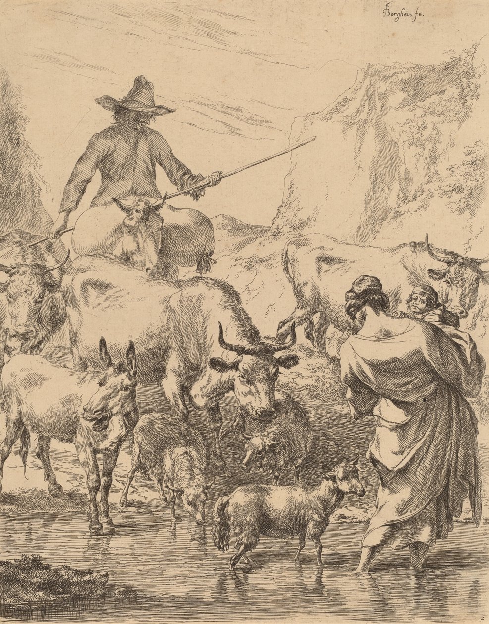Flock som korsar bäcken. av Nicolaes Berchem