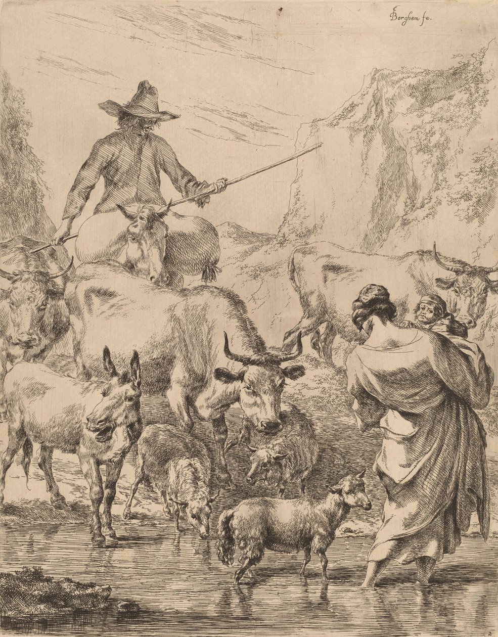 Flock som korsar bäcken. av Nicolaes Berchem