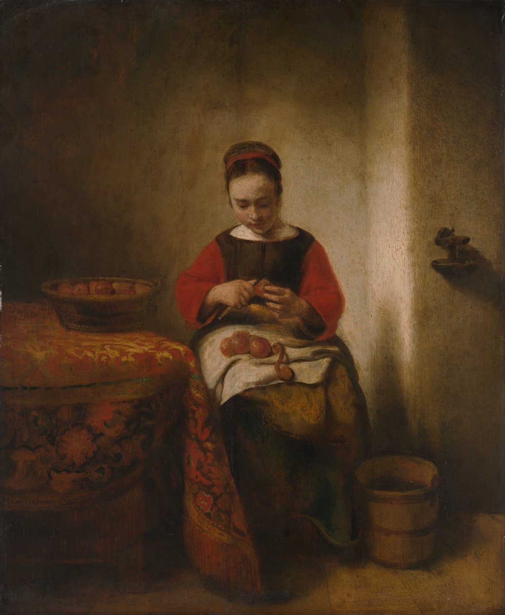 Ung kvinna som skalar äpplen, ca. 1655. av Nicolaes Maes