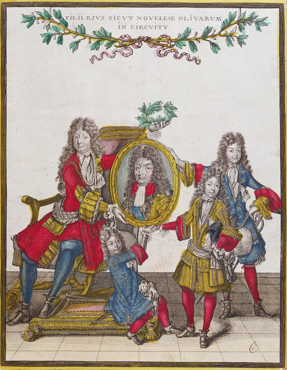 Den franska kungafamiljen håller ett porträtt av Ludvig XIV, sent 1600-tal (färgstick) av Nicolas Arnoult
