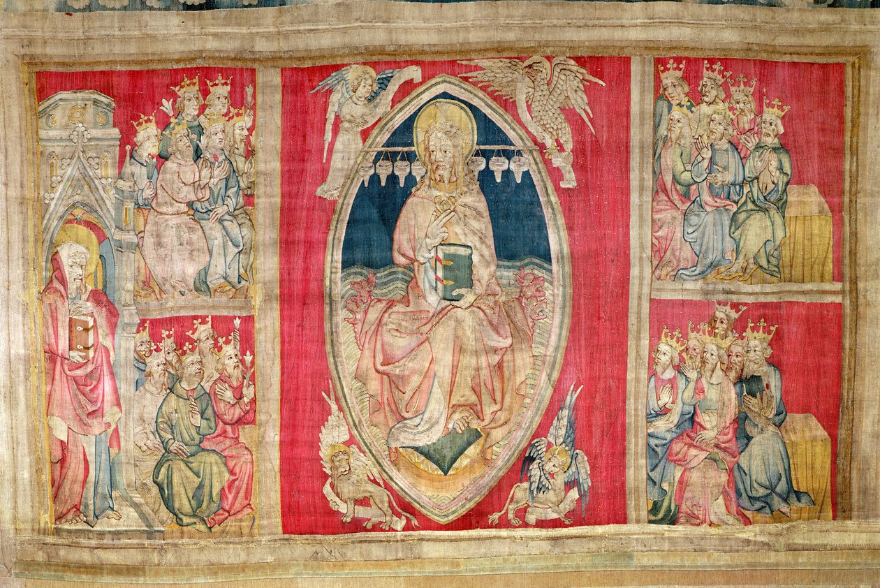 Kristus tronar med de apokalyptiska djuren och de tjugofyra äldste, nr 4 från "Apokalypsen från Angers", 1373-87 (gobeläng) av Nicolas Bataille