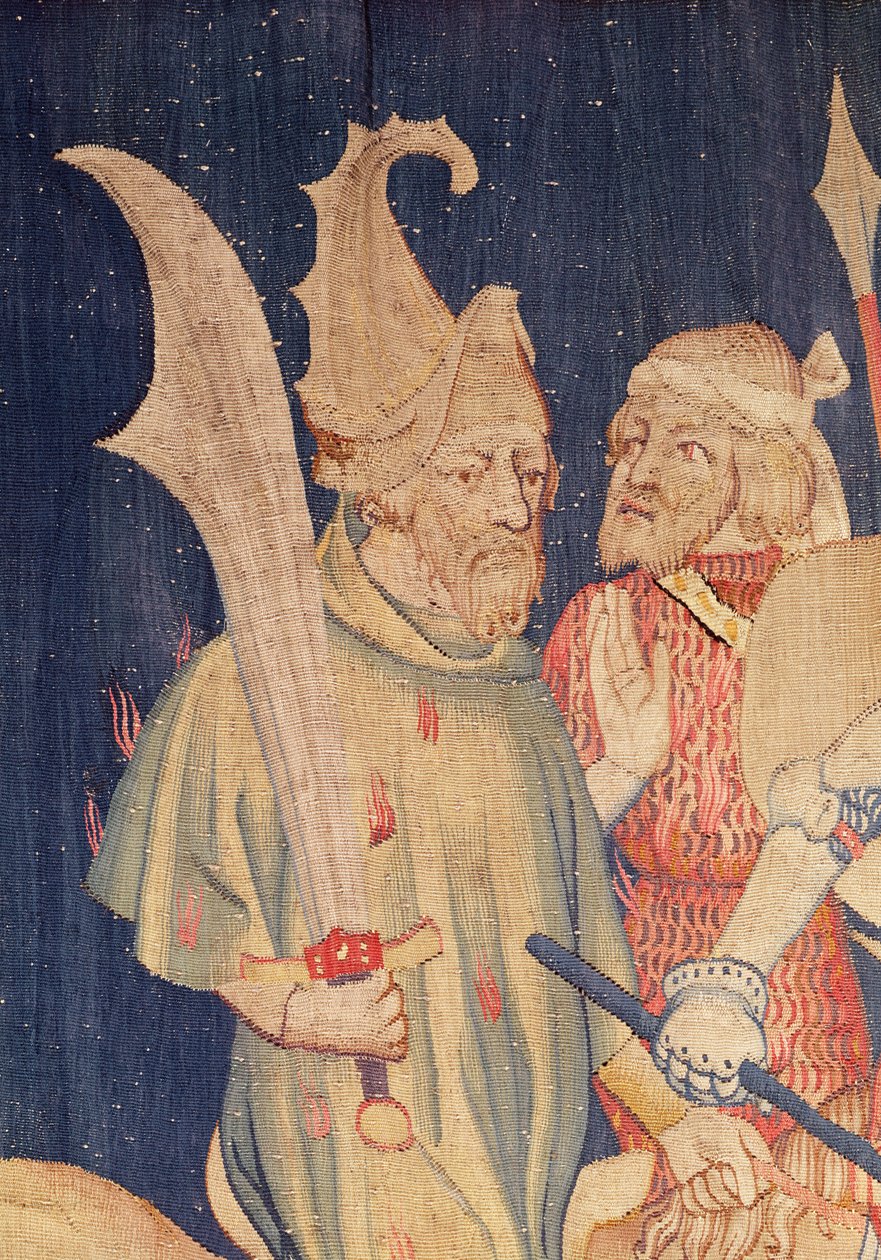 Detalj av en kavaljer från Myriads of Lions, från Apocalypse Tapestry of Angers, 1373-87 gobeläng av Nicolas Bataille