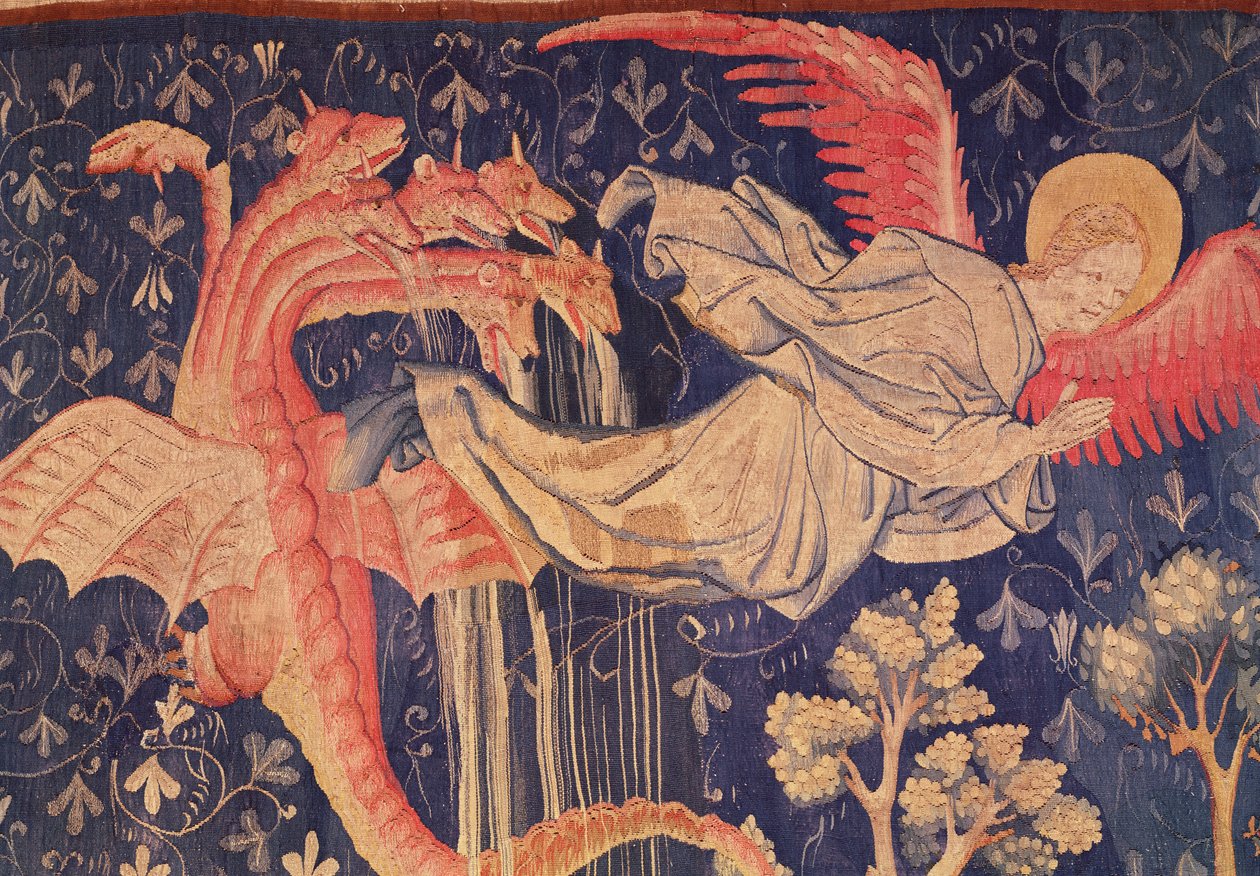 Draken som förföljer kvinnan, detalj av draken som spottar vatten, från Apocalypse Tapestry of Angers, 1373-87 gobeläng av Nicolas Bataille