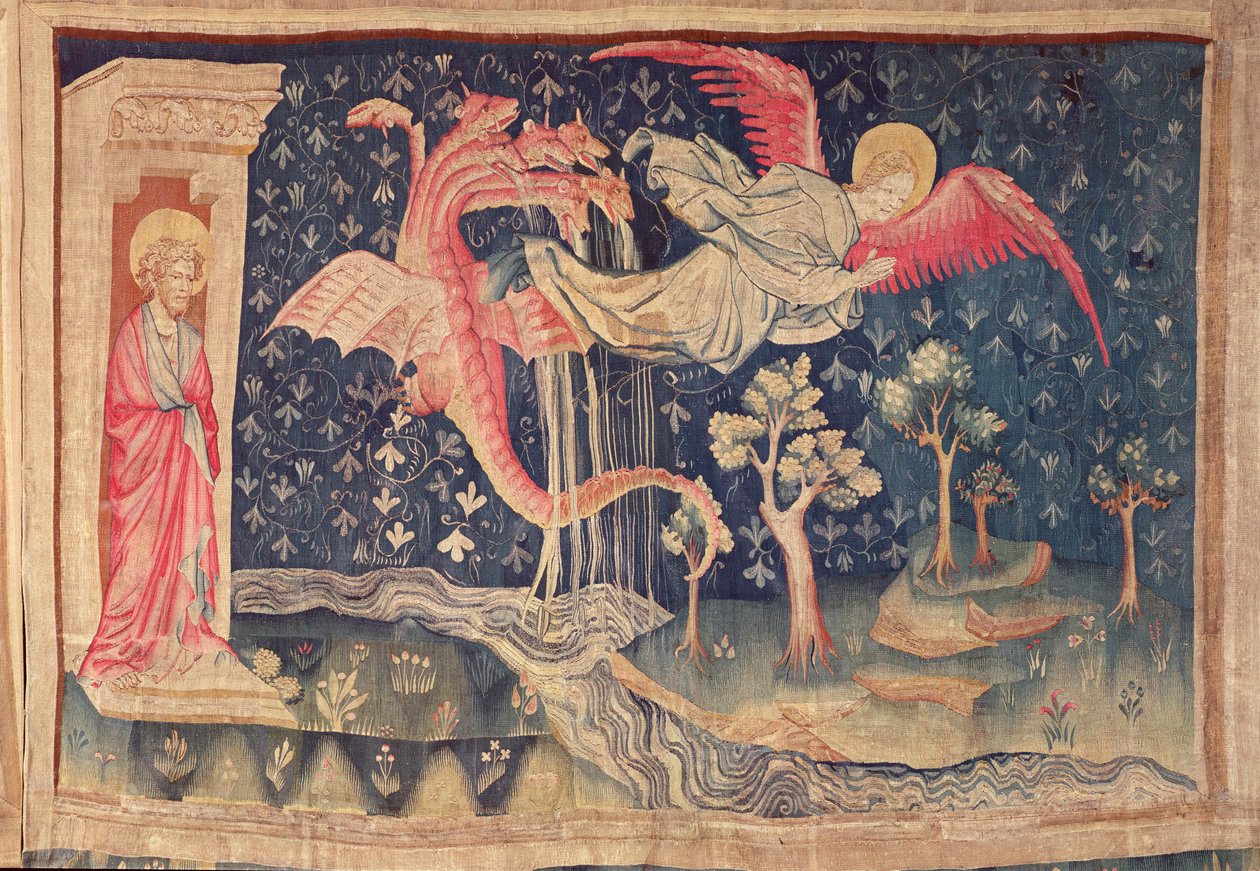 Draken som förföljer kvinnan, från Apokalypsens gobeläng i Angers, 1373-87 (gobeläng) av Nicolas Bataille