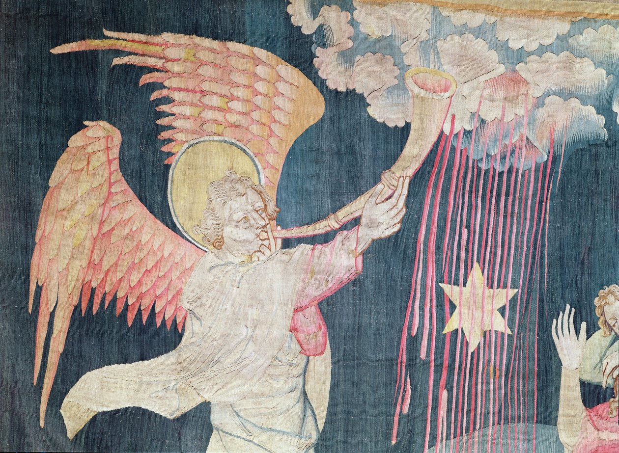 The Third Trumpet and the Wormwood Star, nr 22 från The Apocalypse of Angers, 1373-87 gobelängdetalj av 161725 av Nicolas Bataille