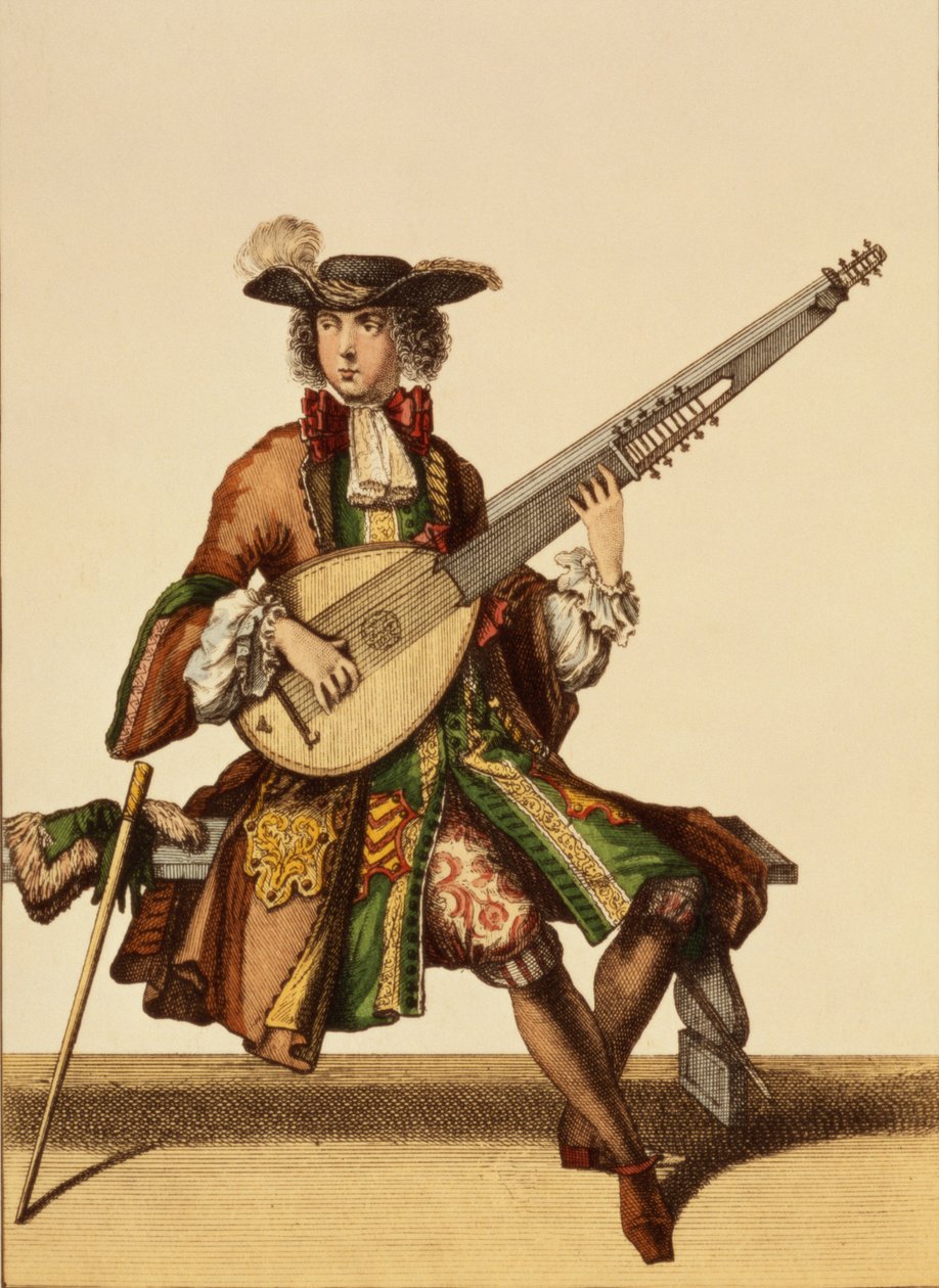 Gentleman som spelar Angelica, modeplatta, ca 1695 av Nicolas Bonnart