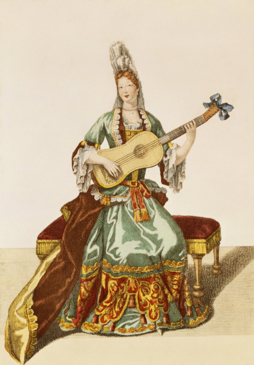 Lady of Quality spelar gitarr, modetavla, c.1695 av Nicolas Bonnart