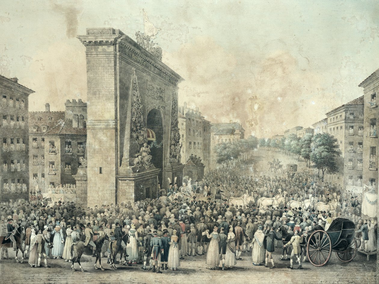 Ludvig XVIII:s inträde (1755-1824) genom Porte Saint-Denis, 1814 (penna och bläck och wc på papper) av Nicolas Joseph Vergnaux