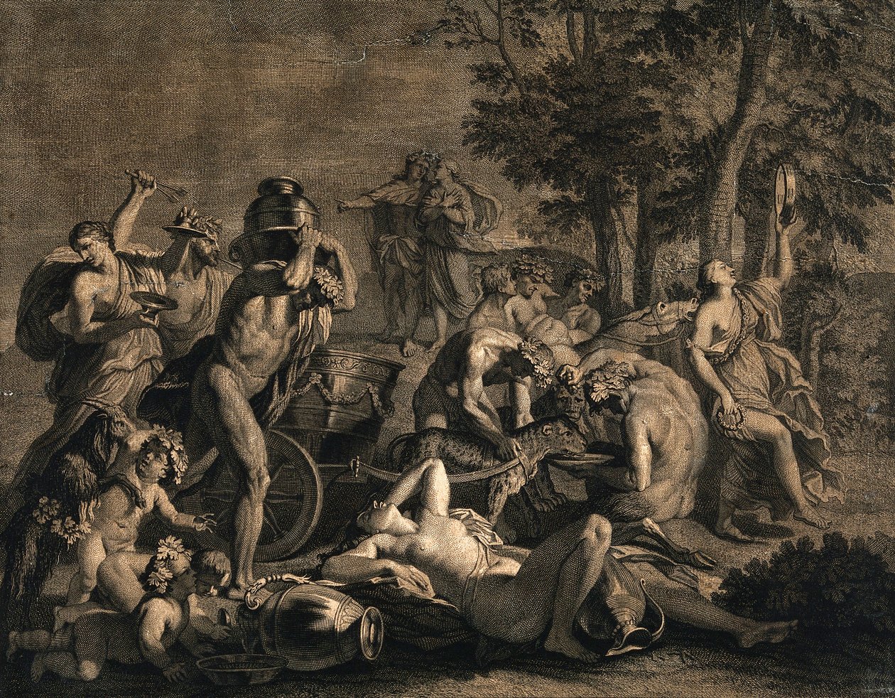 A bacchanalian gathering with leopards pulling  av Nicolas Poussin