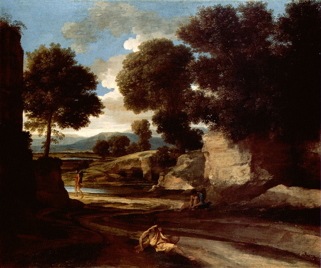 Landscape with Travellers Resting av Nicolas Poussin