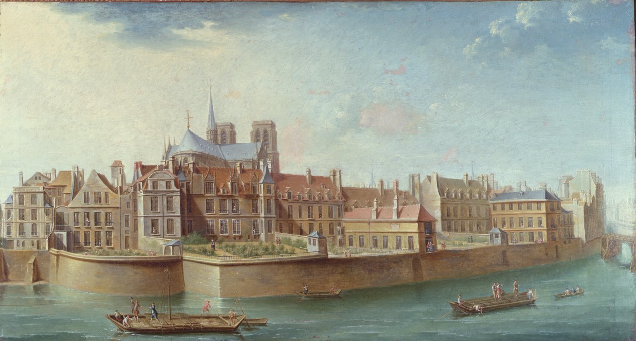 Utsikt över Ile de la Cite från Ile St. Louis, Paris av Nicolas Raguenet