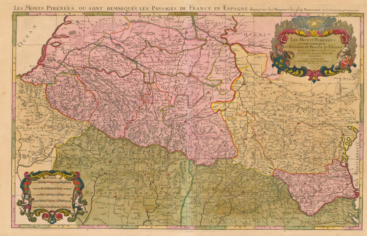 Pyrenees mountains and international border between France and Spain showing the mountains passes between the two countries. av Nicolas Sanson