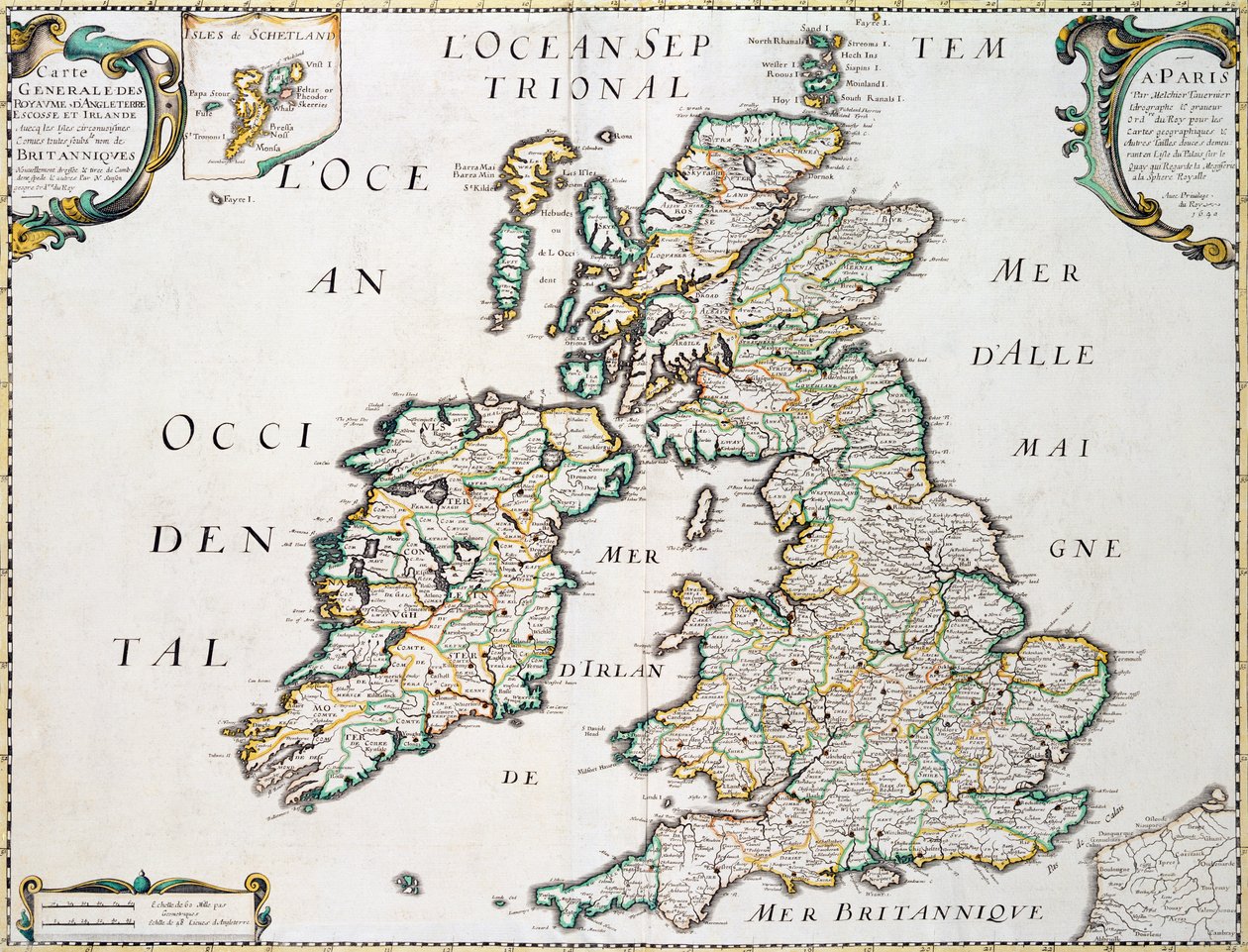 Karta över Storbritannien och Irland, publicerad Paris 1640 av Nicolas Sanson
