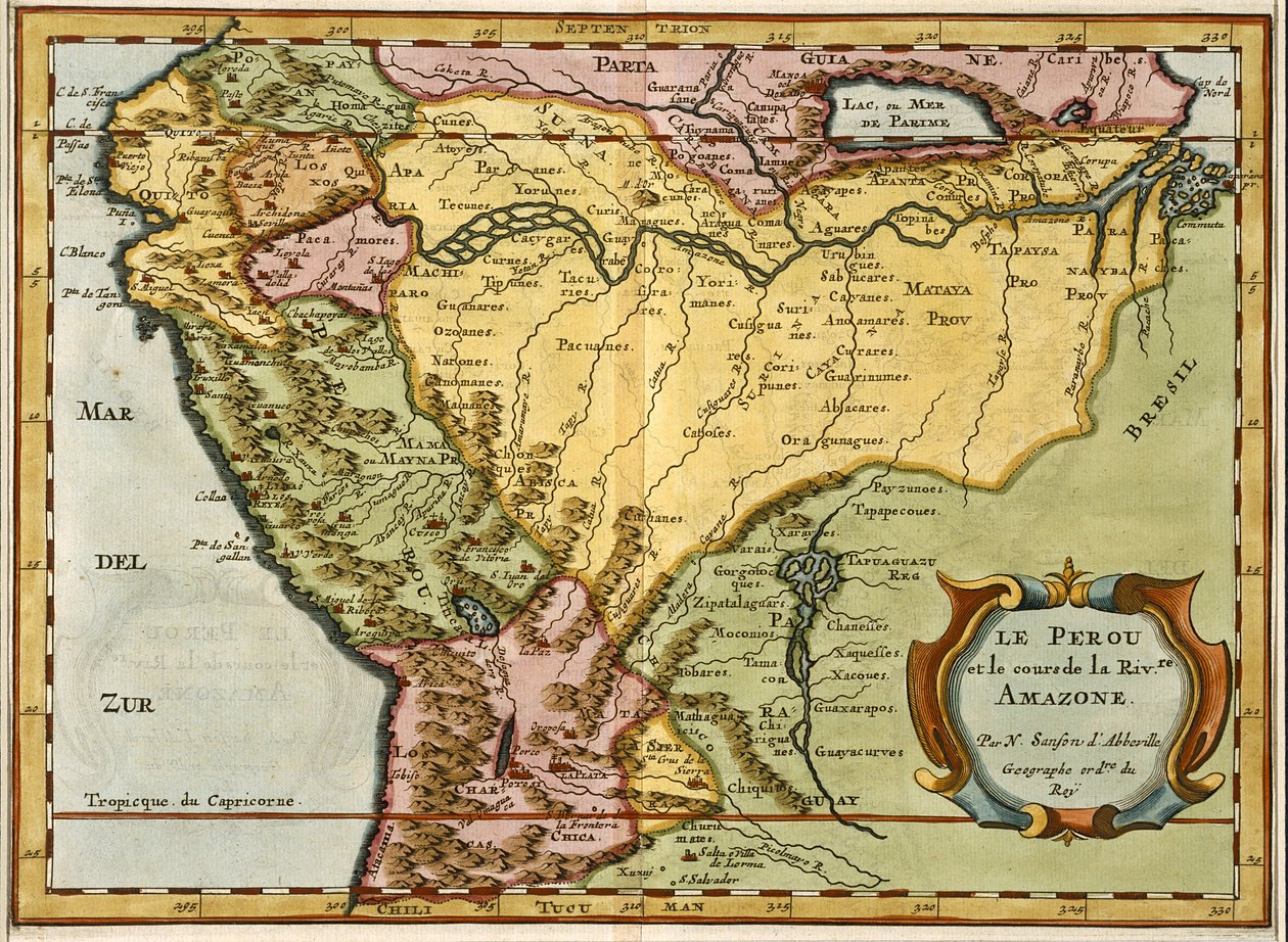 Karta över Amazonasbassängen, 1680 (handfärgad gravyr) av Nicolas Sanson