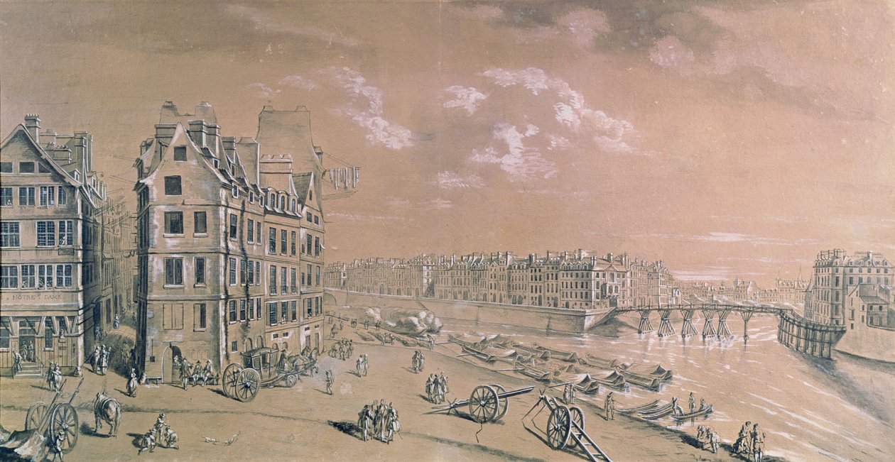 Ile Saint-Louis och majsbryggorna från Place de Greve, ca 1757 (wc och gouache) (se även 86033) av Nicolas Raguenet