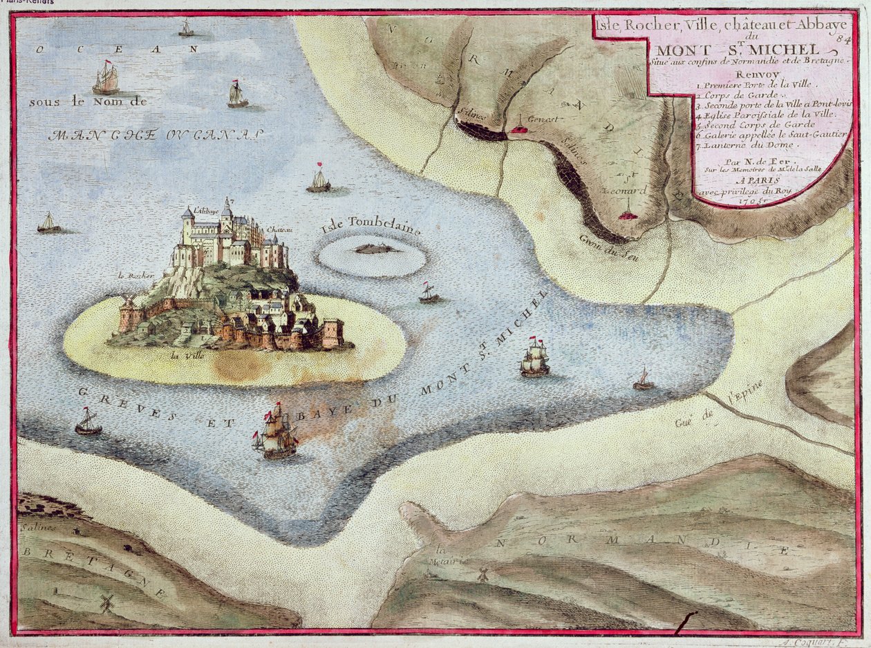 Staden, slottet och klostret Mont Saint-Michel, 1703 av Nicolas de Fer