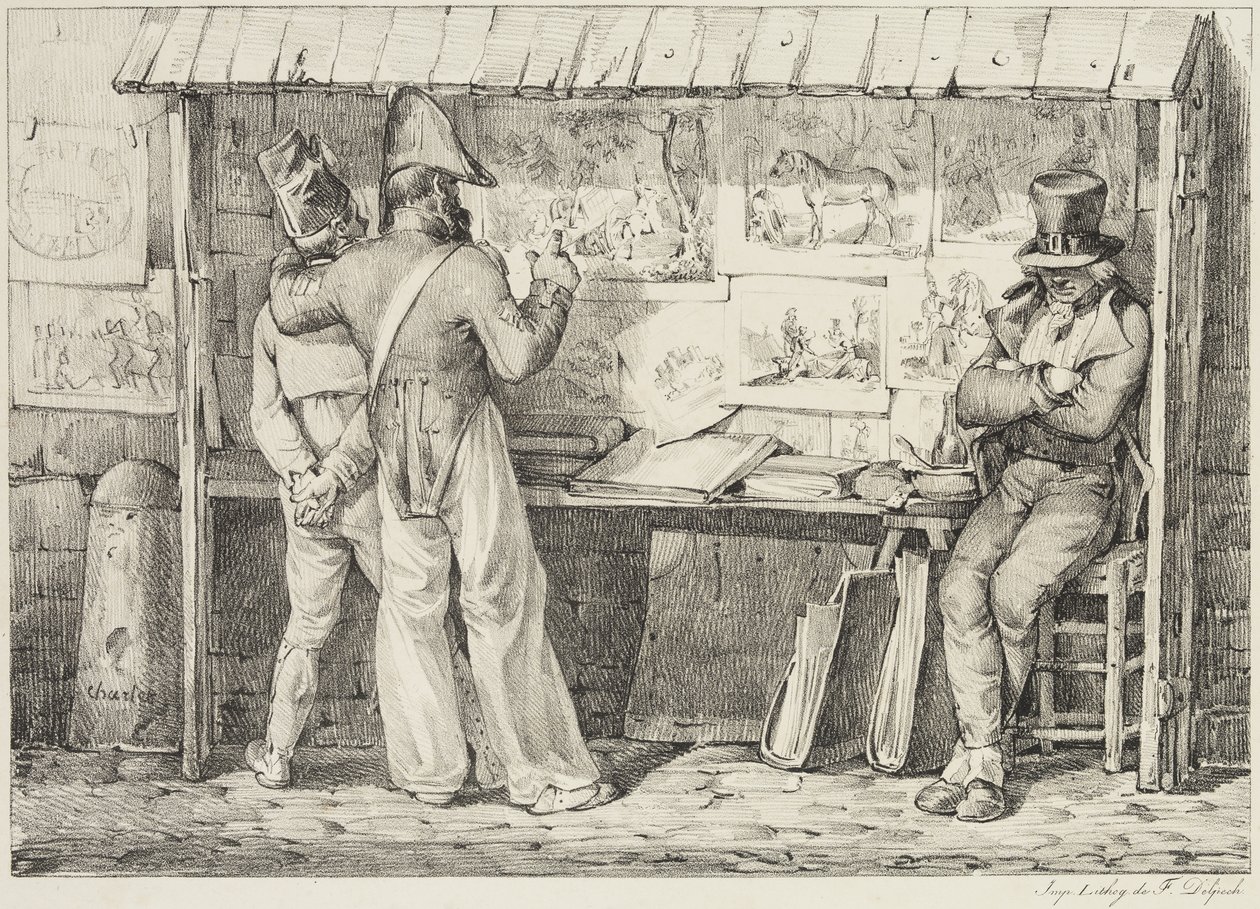 Le marchand de dessins lithographiques, mellan 1818 och 1819 (litho tryckt med svart bläck på vävt papper) av Nicolas Toussaint Charlet