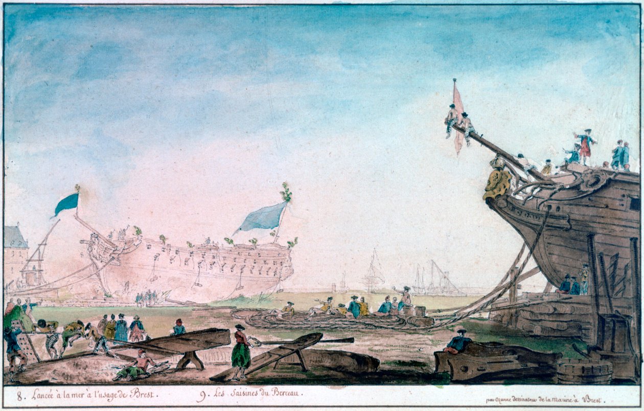 Sjösättning av ett skepp i Brest, c1750-1810 av Nicolas Marie Ozanne