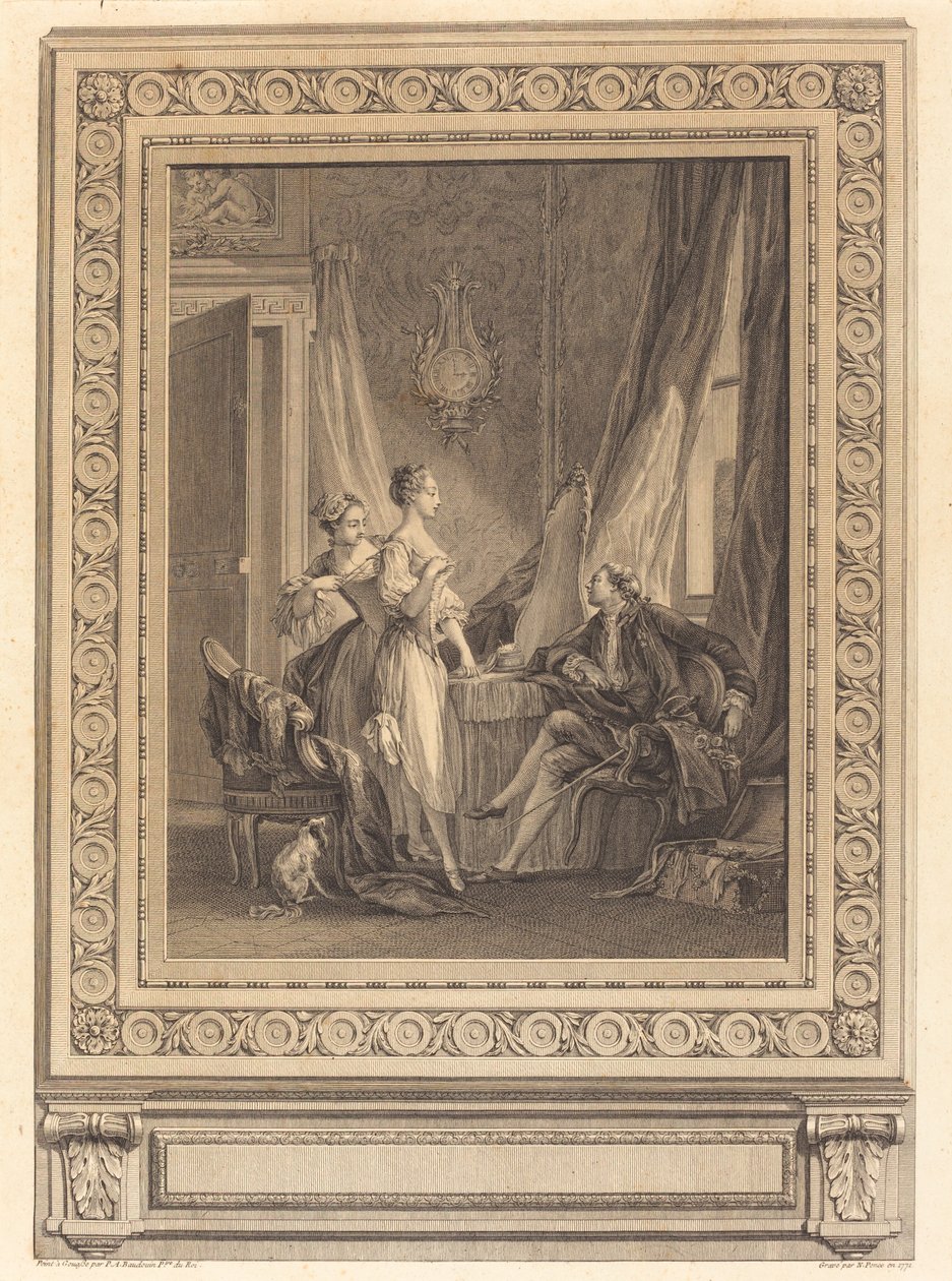 Toaletten av Nicolas Ponce after Pierre Antoine Baudouin with border by Charles Nicolas Cochin II