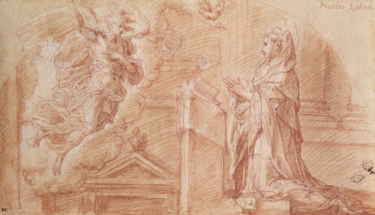 Bebådelsen (sangvinskt på papper) av Nicolo dell Abate