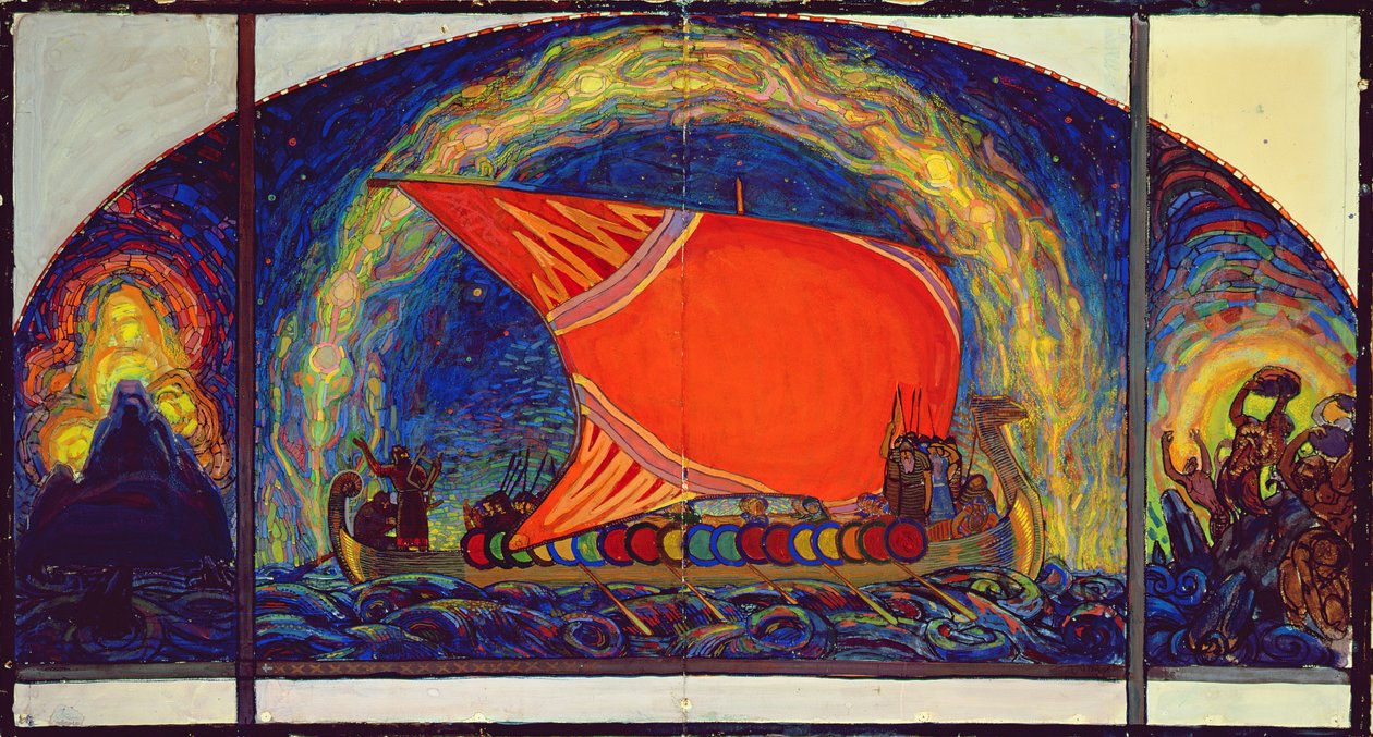Kalevipoegs Sailboat `Plane, 1910 (tempera och krita på papper) av Nikolai Triik