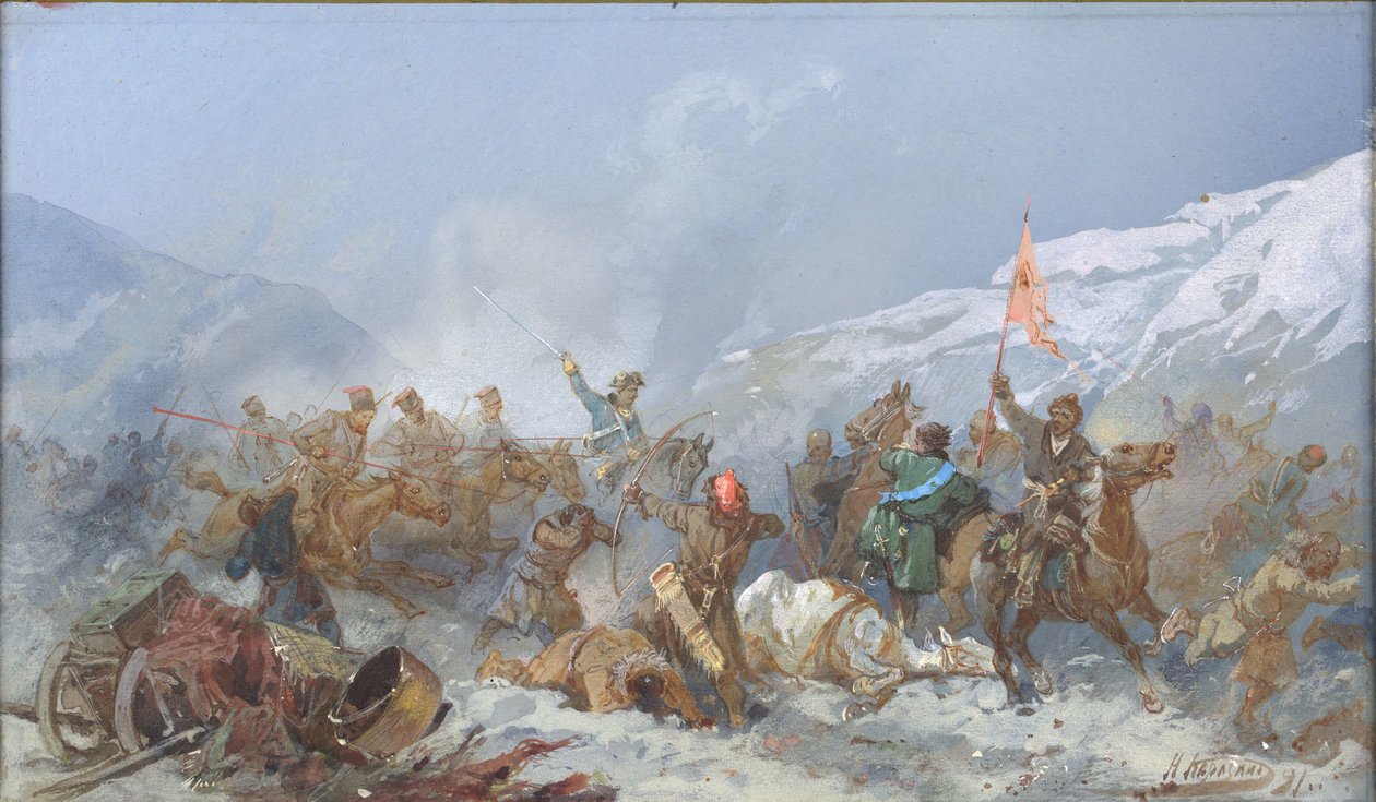 Slåss med Pugachevs trupper, 1891. av Nikolai Nikolayevich Karasin