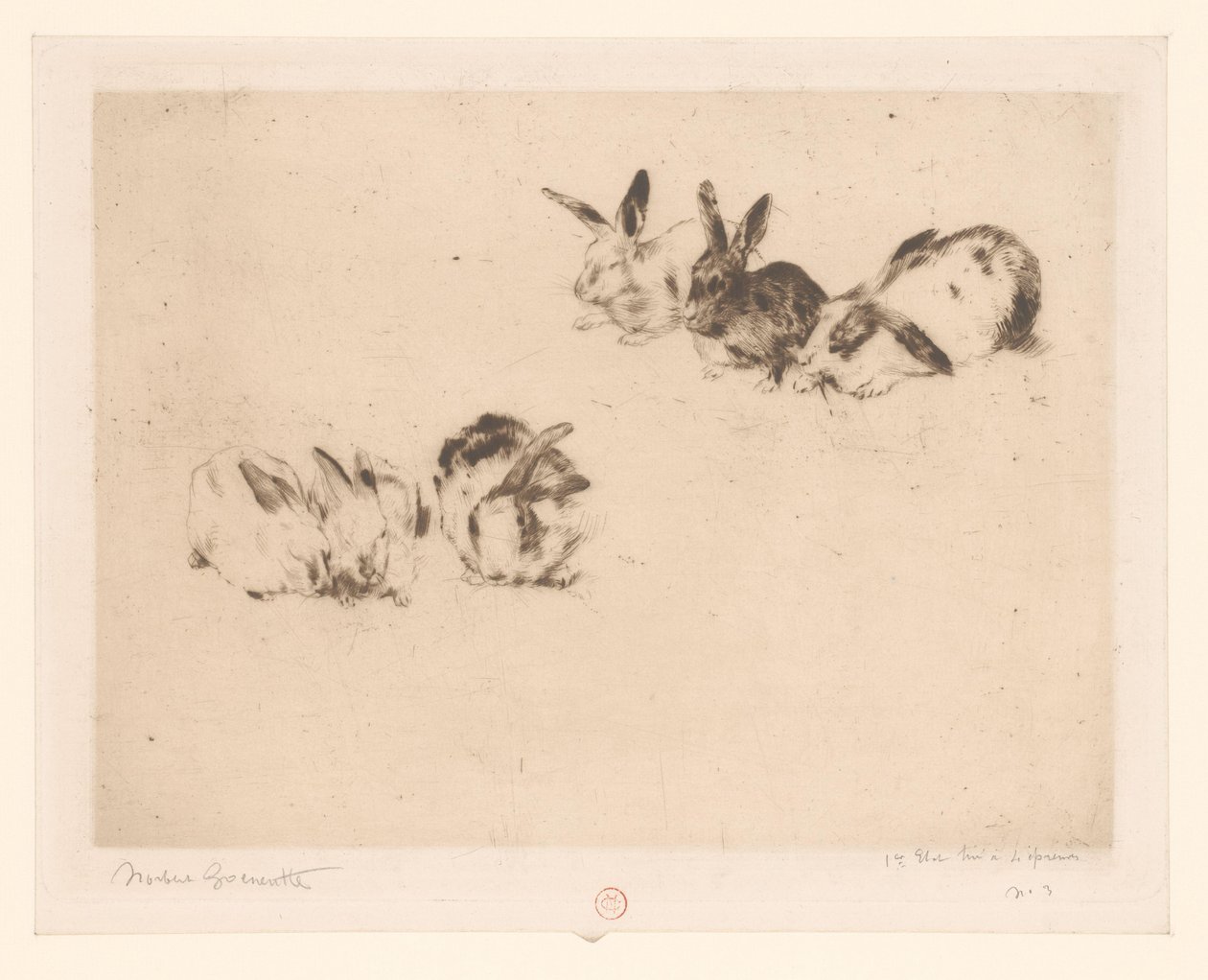 Sex kaniner av Norbert Goeneutte (signed by artist)