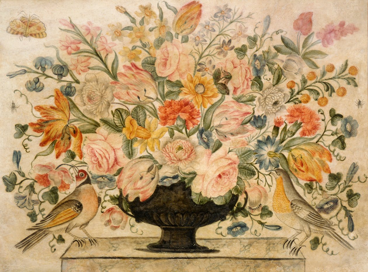 En urna med blommor på en avsats med två fåglar, 1600 (wc med gouache på papper) av Octavianus Montfort