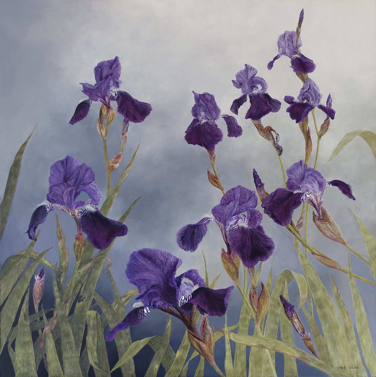 Iris hybrida, 2015 (akryl på gessoat trä) av Odile Kidd