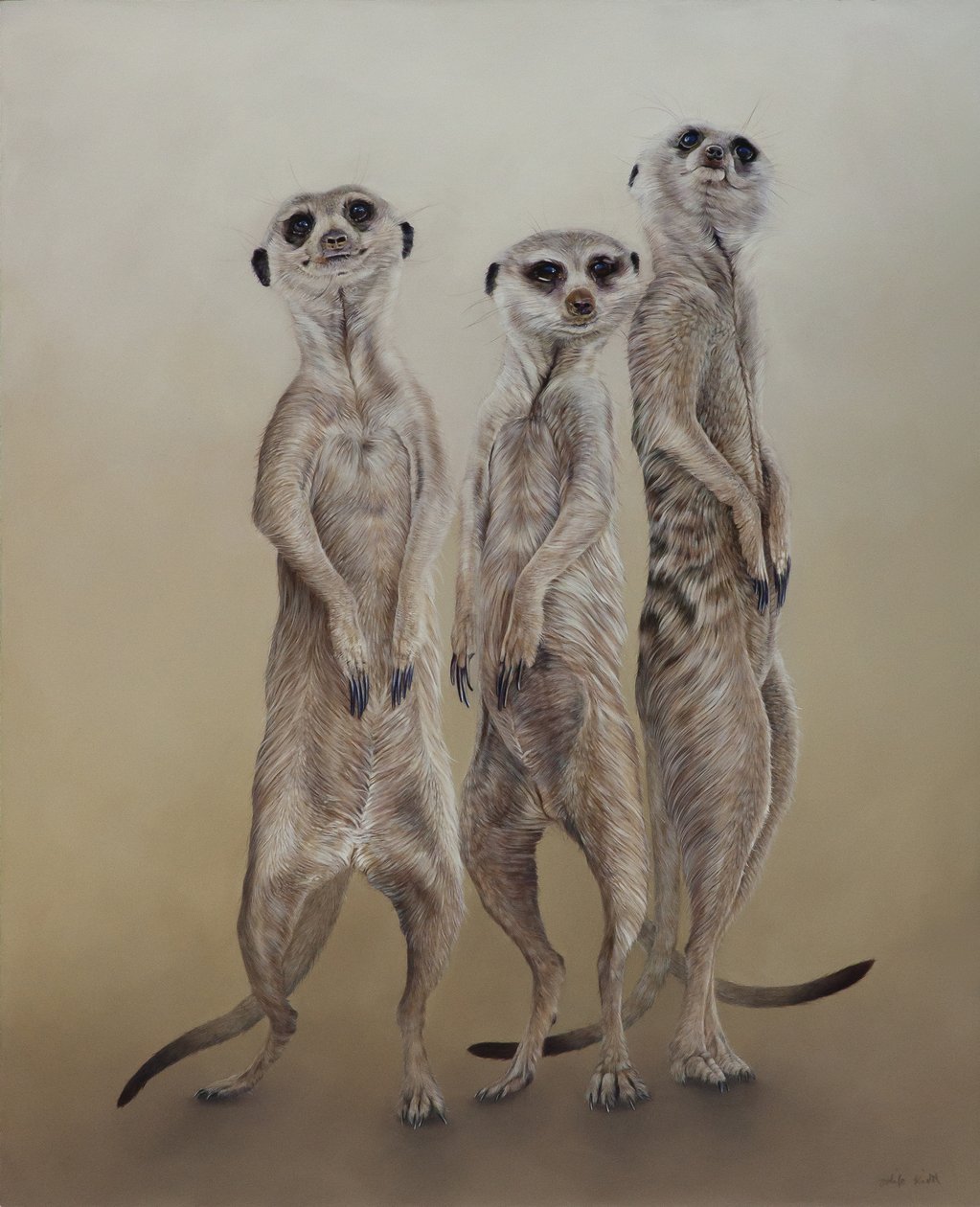 Meerkats, 2014 (akryl på gessoat trä) av Odile Kidd